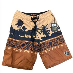 HP! NWT Life is Good Tan & Black Palm Tree Skyline Silhouette Board Shorts
